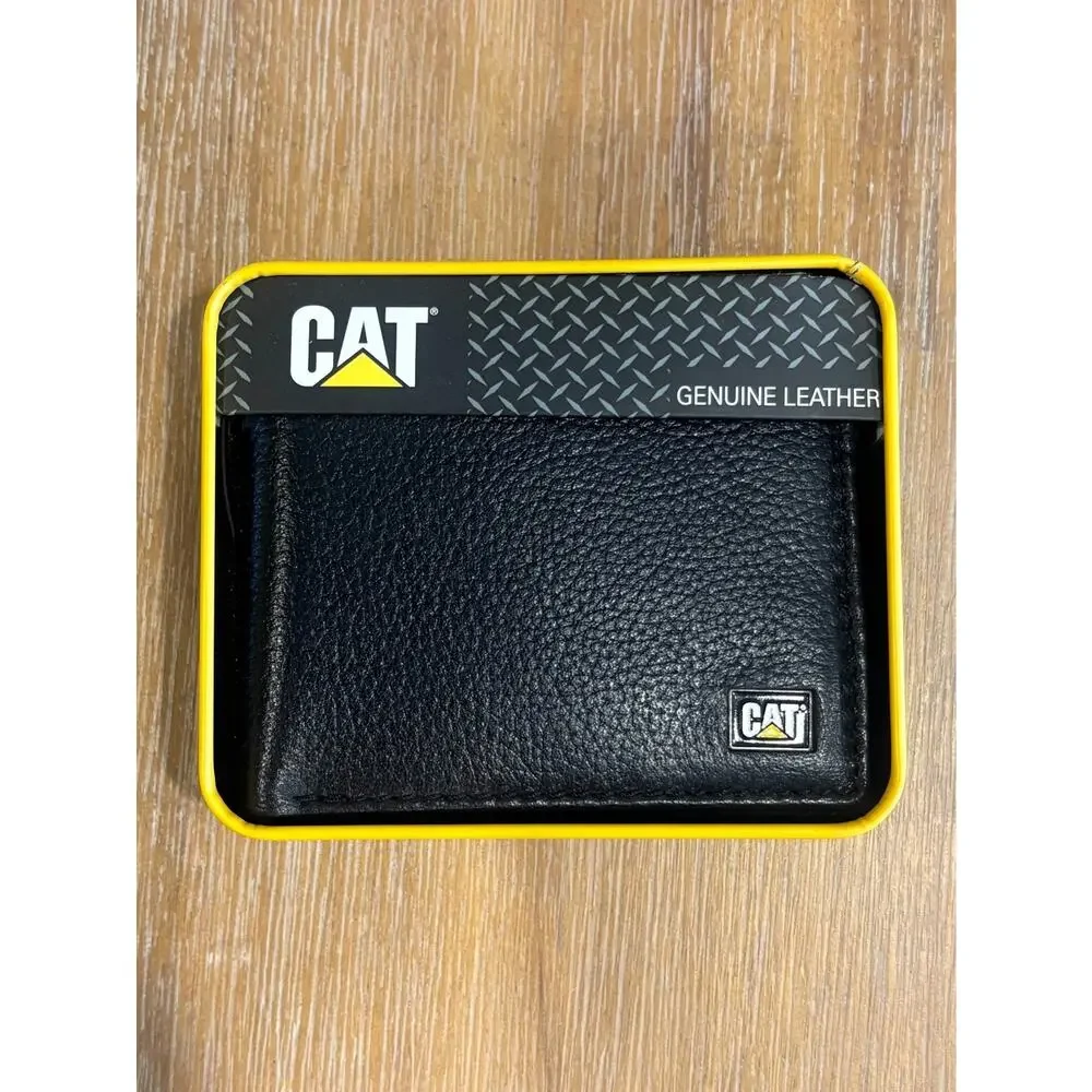 Mens CATERPILLAR CAT Black 100% Genuine Leather RFID Wallet Tin Gift NEW